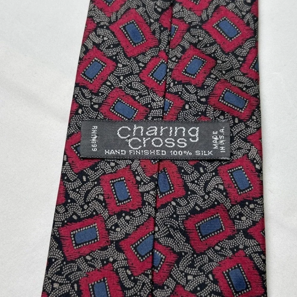 Charing Cross Mens Geometric Silk Hand Finished Necktie OS Red Blue Black Formal